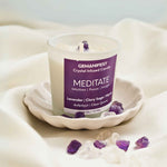 Meditate Manifestation Candle with Amethyst and Clear Quartz Crystals for Intuition, Focus, and Insight.