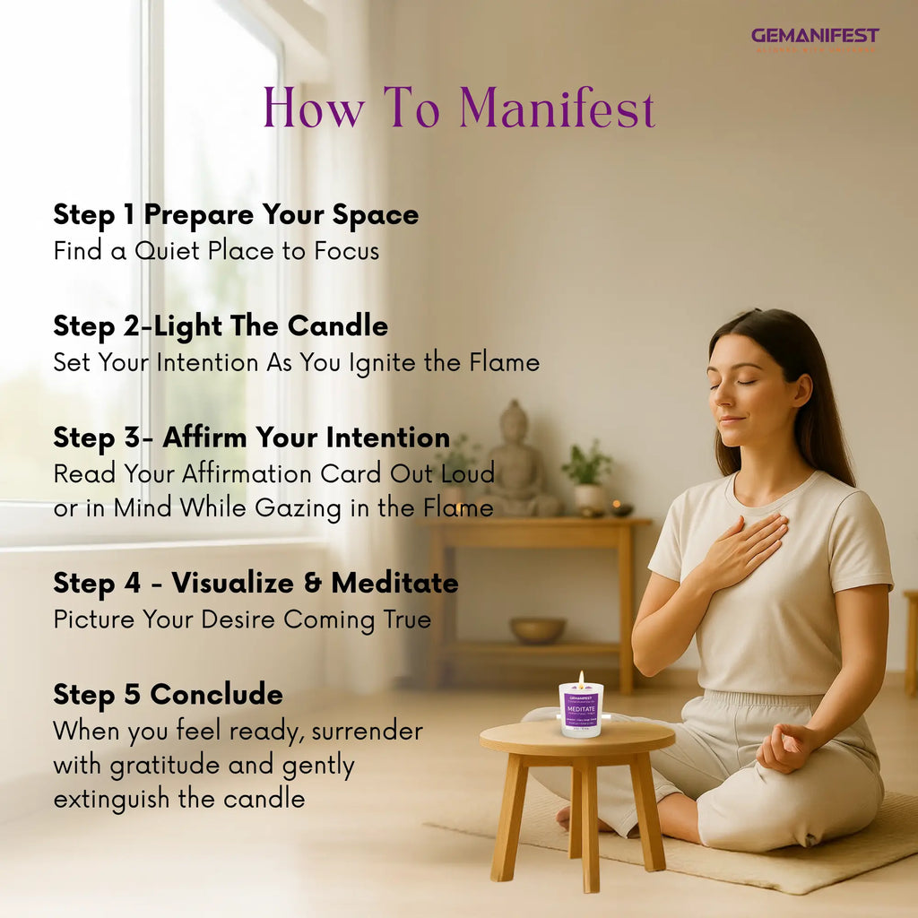 Woman meditating with a Meditate candle and affirmation card in a peaceful room, accompanied by steps on how to manifest.