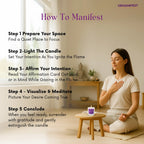 Woman meditating with a Meditate candle and affirmation card in a peaceful room, accompanied by steps on how to manifest.