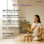 Woman meditating with a Meditate candle and affirmation card in a peaceful room, accompanied by steps on how to manifest.