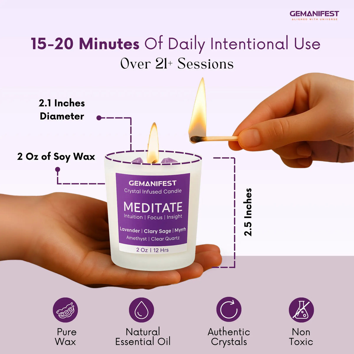 GEMANIFEST candle being lit with product details on a purple background