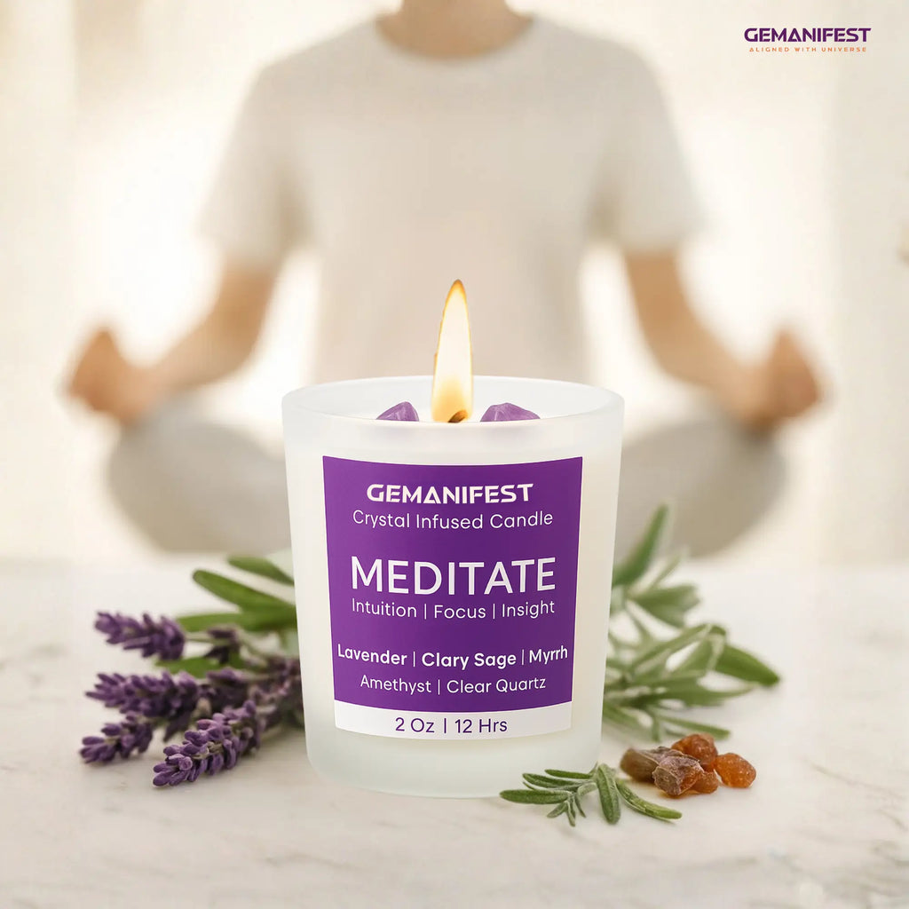 Crystal infused Meditate candle with a person is meditating. 