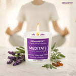 Crystal infused Meditate candle with a person is meditating. 
