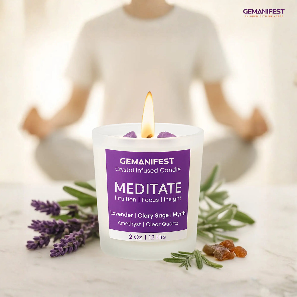 Crystal infused Meditate candle with a person is meditating. 