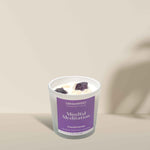 Mindful Meditation Candle with Amethyst and Herkimer Diamond crystals and Frankincense essential oil for meditation and spiritual clarity.