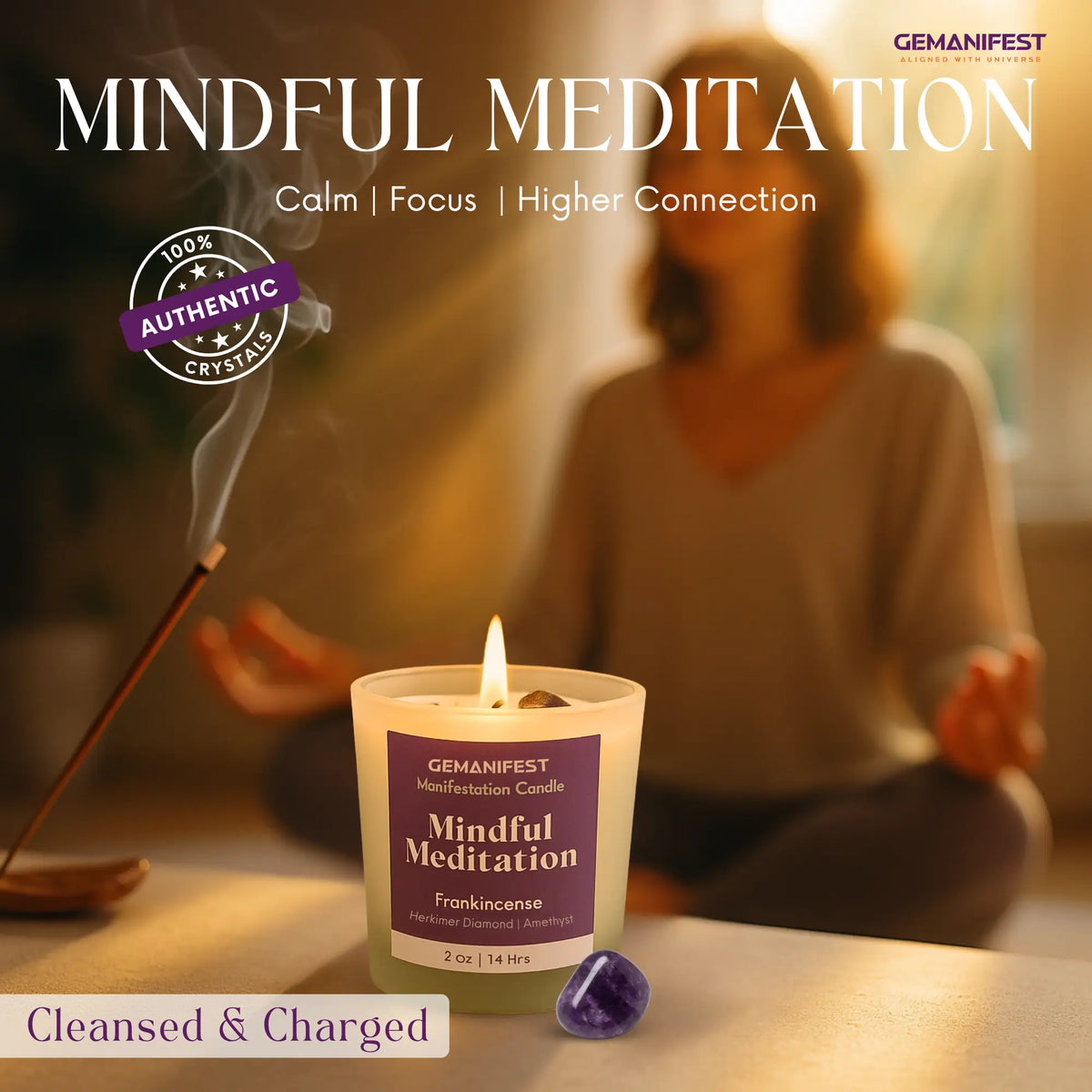 GEMANIFEST Mindful Meditation candle with a person meditating in the background