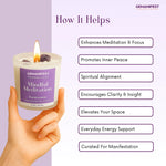 GEMANIFEST candle labeled 'Mindful Meditation' held by a hand with benefits listed on a purple background