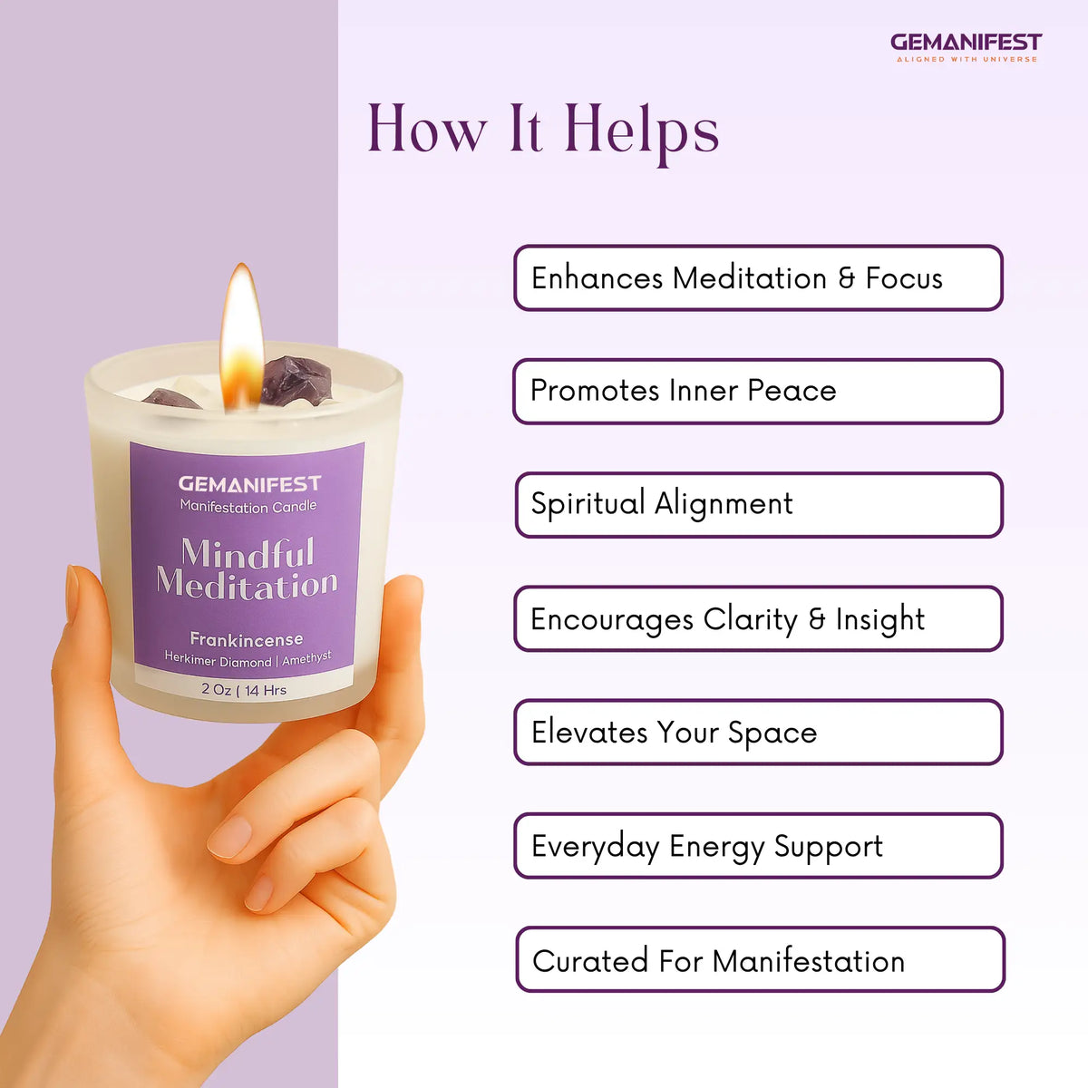 GEMANIFEST candle labeled 'Mindful Meditation' held by a hand with benefits listed on a purple background