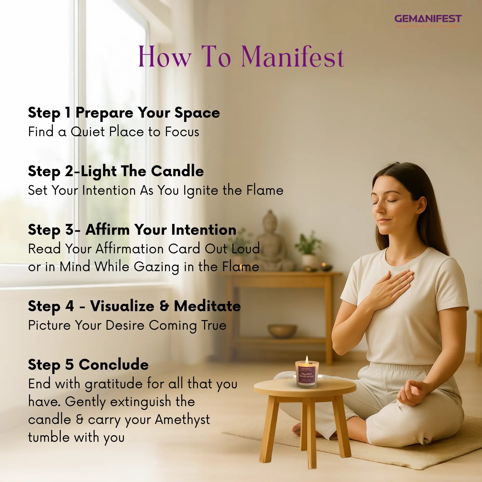Woman meditating with a Mindful meditation candle and affirmation card in a peaceful room, accompanied by steps on how to manifest.