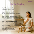 Woman meditating with a Mindful meditation candle and affirmation card in a peaceful room, accompanied by steps on how to manifest.