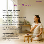 Woman meditating with a Mindful meditation candle and affirmation card in a peaceful room, accompanied by steps on how to manifest.