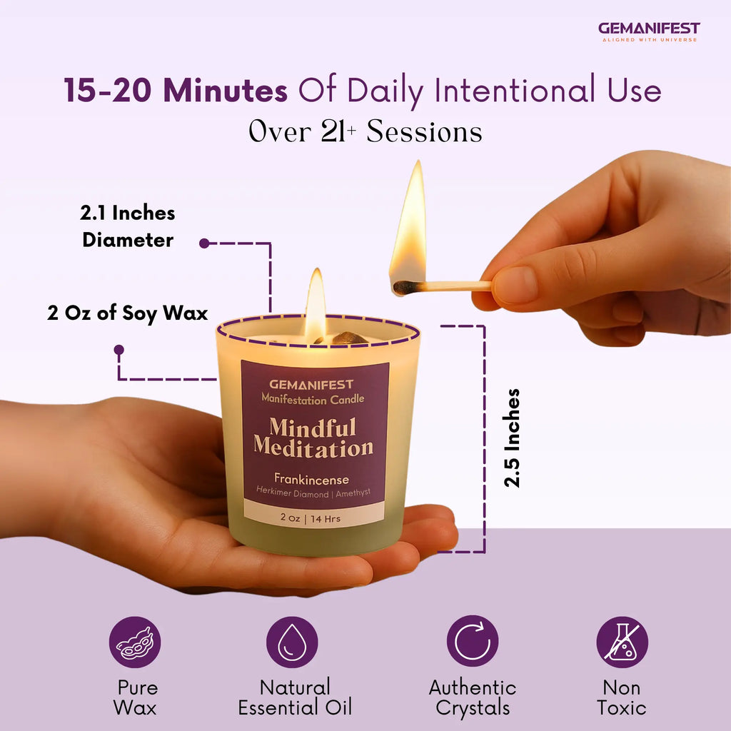Gemanifest Mindful Meditation candle being lit with product details on a purple background