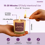 Gemanifest Mindful Meditation candle being lit with product details on a purple background