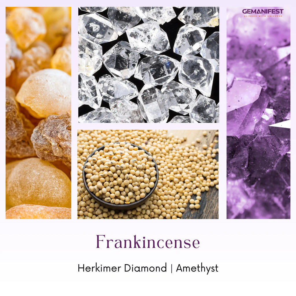 Candle ingredients are as follow:  Herkimer diamond, amethyst, and frankincense 