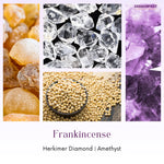 Candle ingredients are as follow:  Herkimer diamond, amethyst, and frankincense 