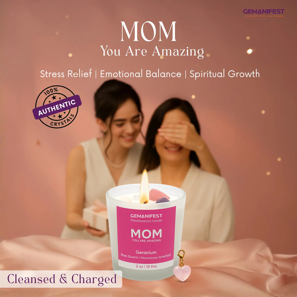 Candle with 'Mom You Are Amazing' text and two women in the background.