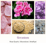 Collage of rose quartz, Geranium flowers, moonstone, amethyst with 'Gemanifest' branding.
