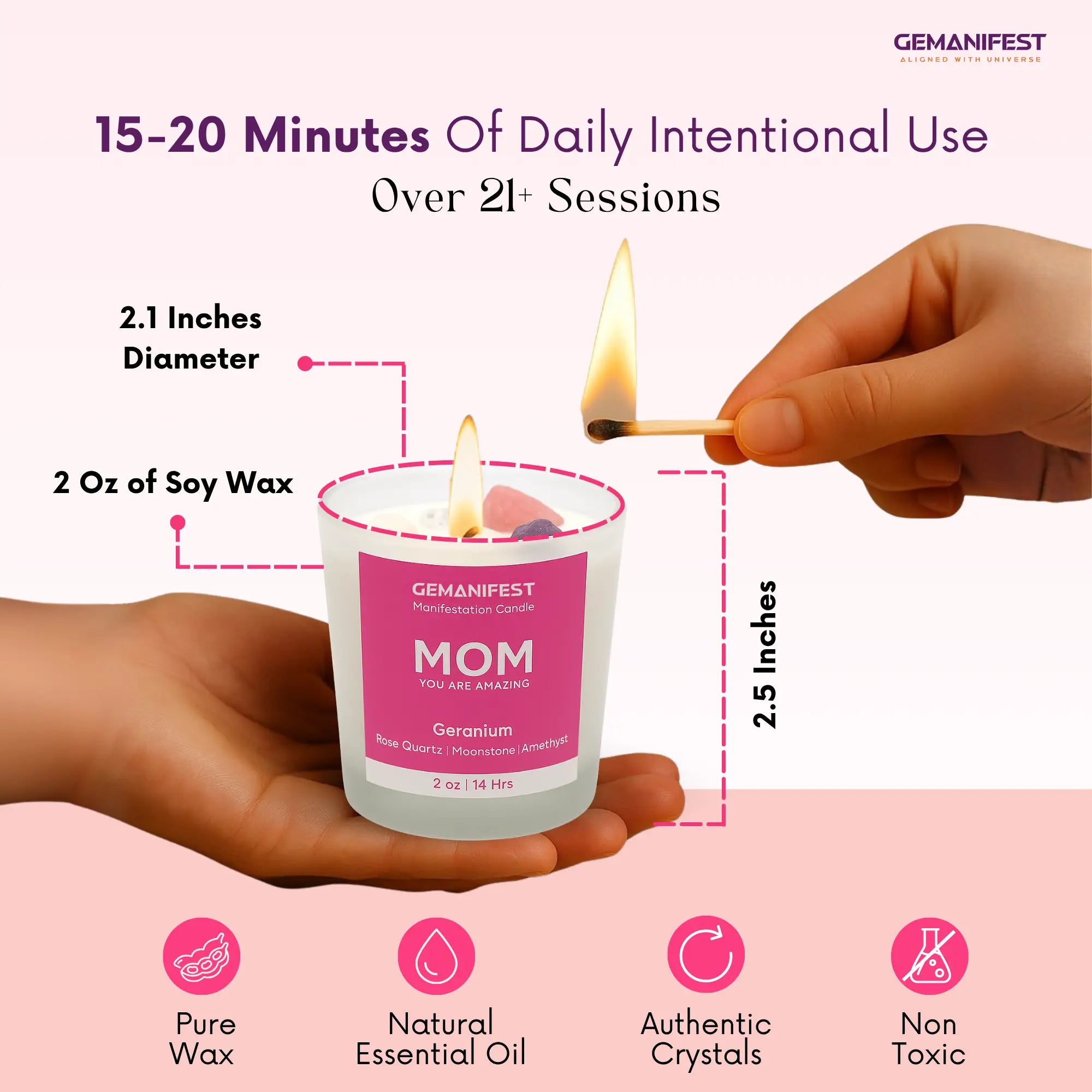 Gemanifest candle labeled 'Mom' being lit with product details on a pink background