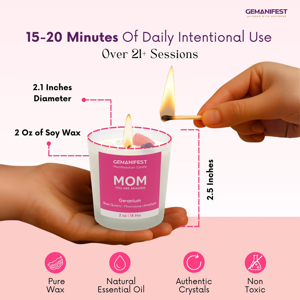 Gemanifest candle labeled 'Mom' being lit with product details on a pink background