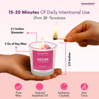 Gemanifest candle labeled 'Mom' being lit with product details on a pink background