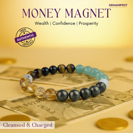 Money Magnet Bracelet with stones on a background of money and coins, featuring the brand 'GEMANIFEST'.