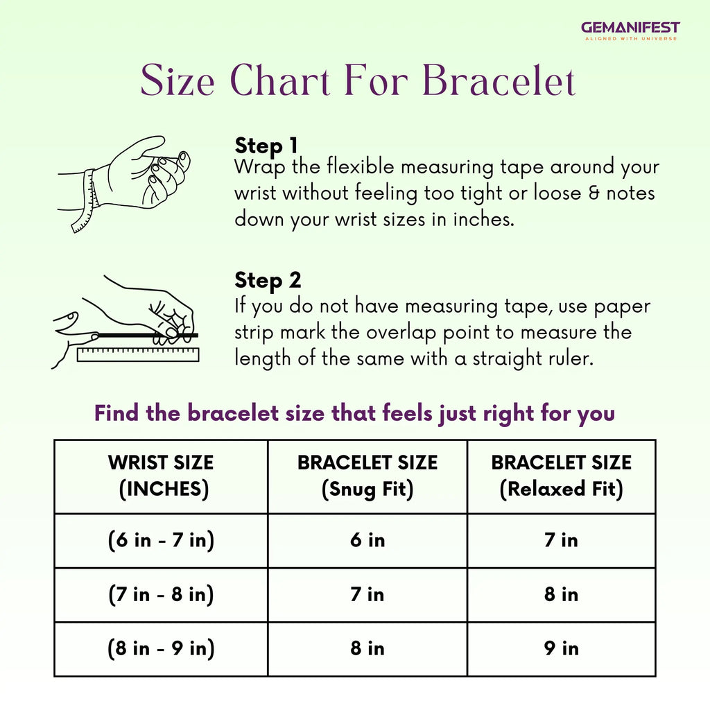 Size chart for bracelet with instructions on measuring wrist size and corresponding bracelet sizes.