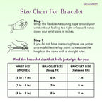 Size chart for bracelet with instructions on measuring wrist size and corresponding bracelet sizes.