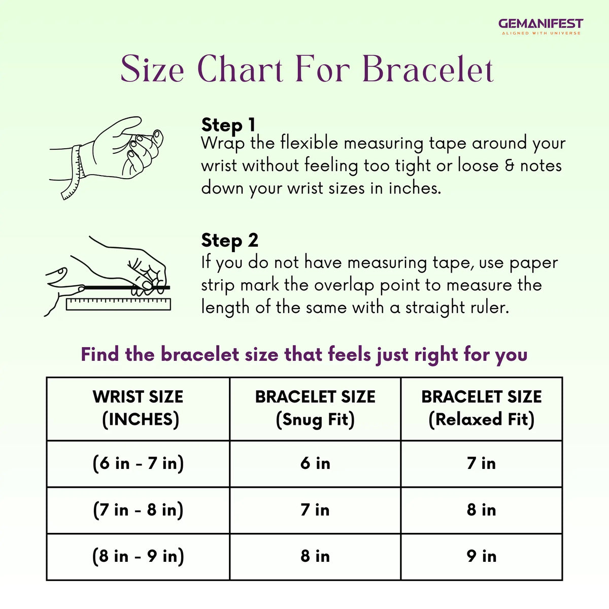 Size chart for bracelet with instructions on measuring wrist size and corresponding bracelet sizes.