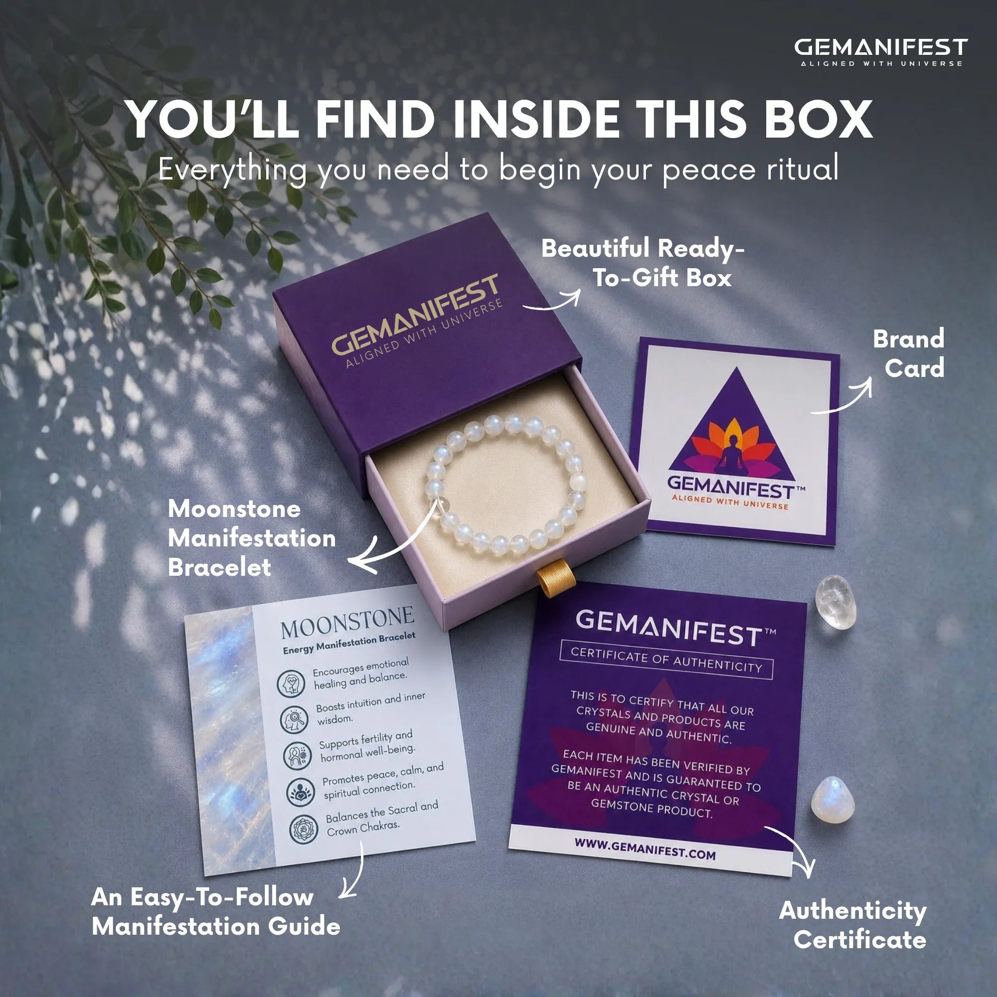 GEMANIFEST product packaging with bracelet, guide, and card on a gray background