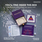 GEMANIFEST product packaging with bracelet, guide, and card on a gray background