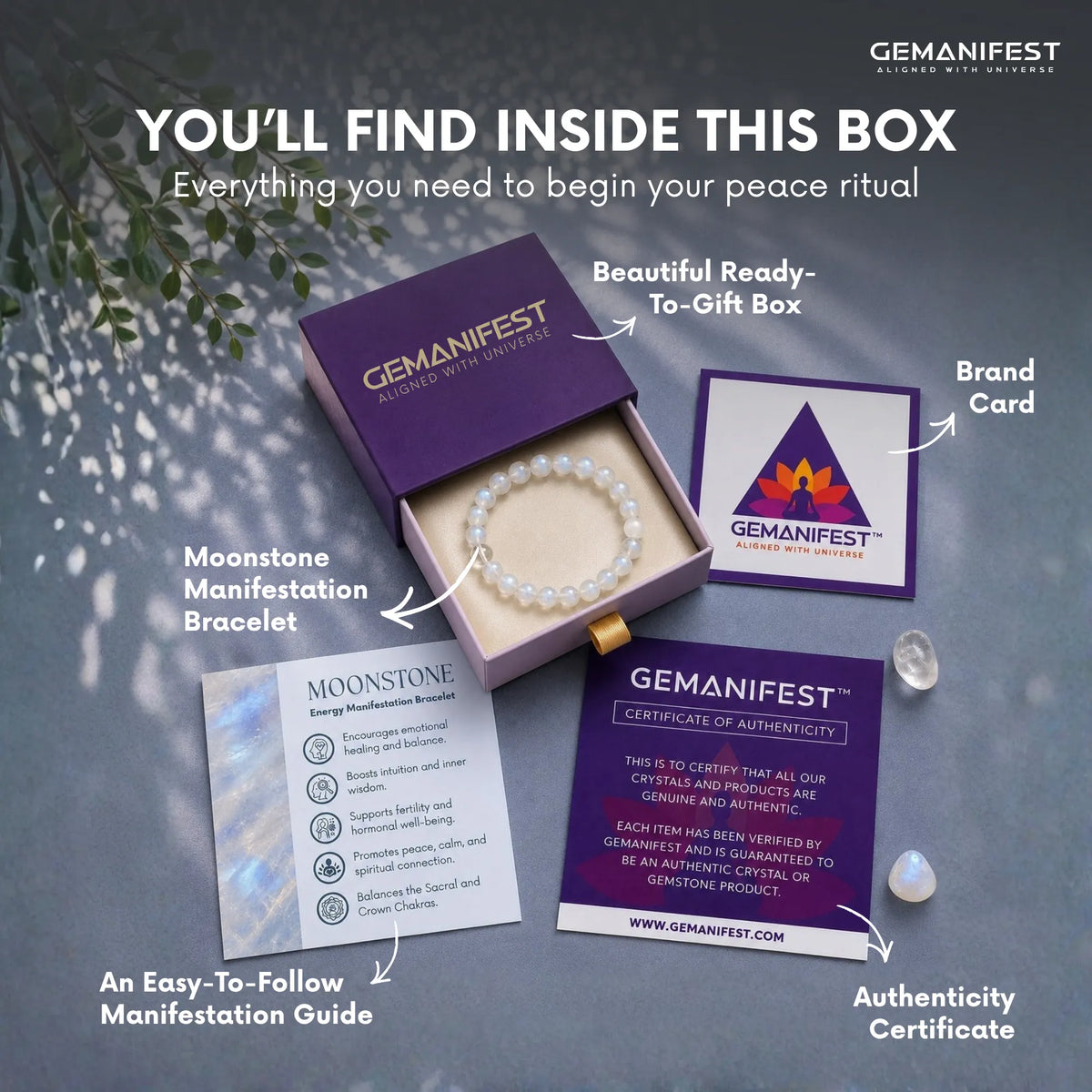 GEMANIFEST product packaging with bracelet, guide, and card on a gray background