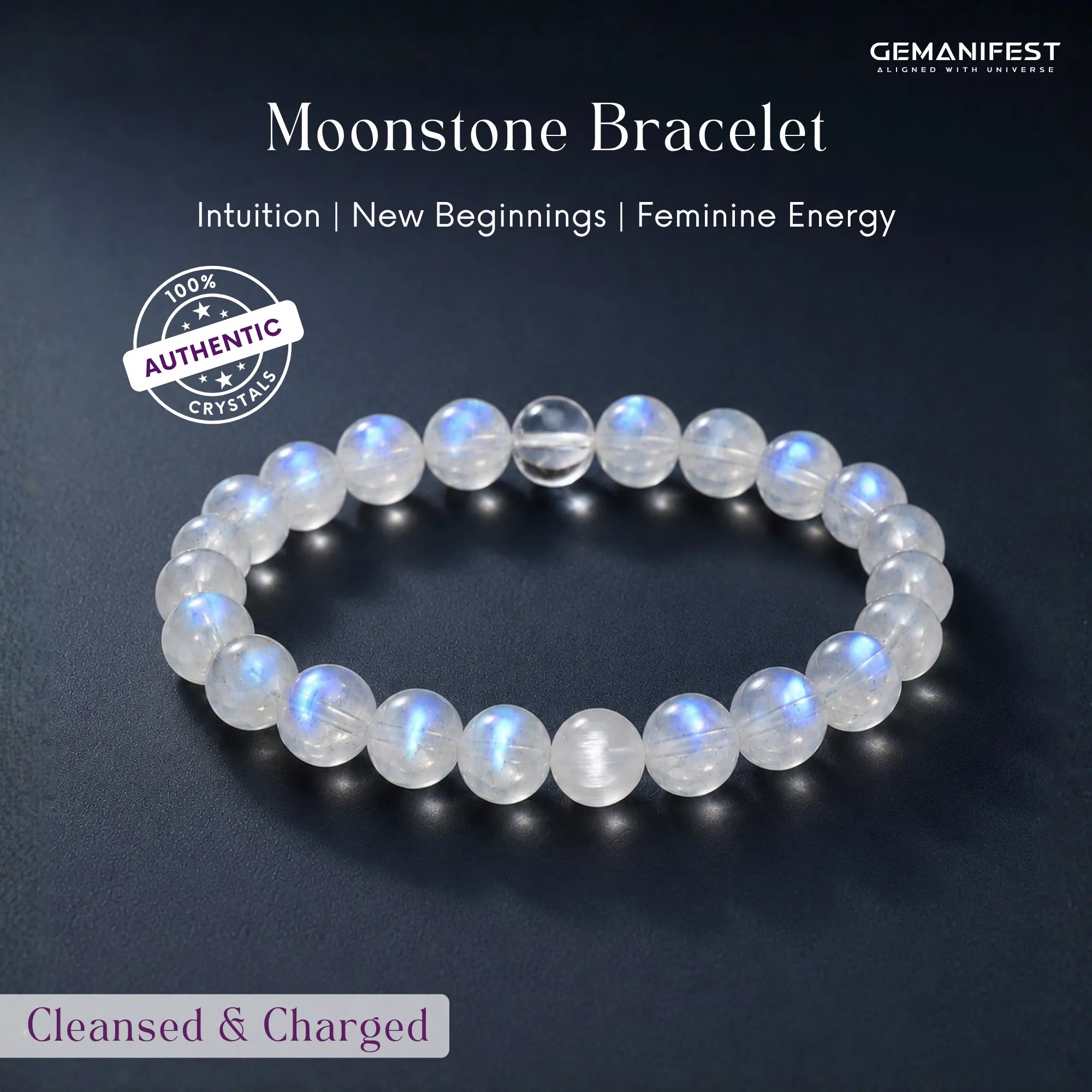 Moonstone bracelet with GEMANIFEST branding on a dark background