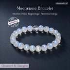 Moonstone bracelet with GEMANIFEST branding on a dark background