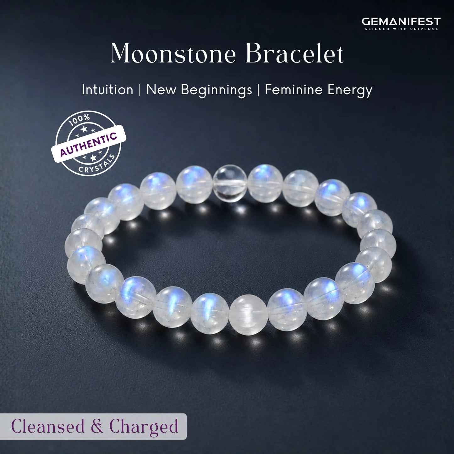 Moonstone bracelet with GEMANIFEST branding on a dark background