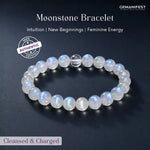Moonstone bracelet with GEMANIFEST branding on a dark background