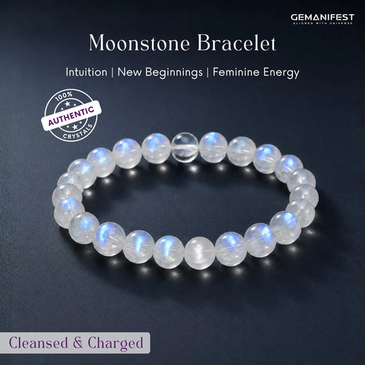 Moonstone bracelet with GEMANIFEST branding on a dark background