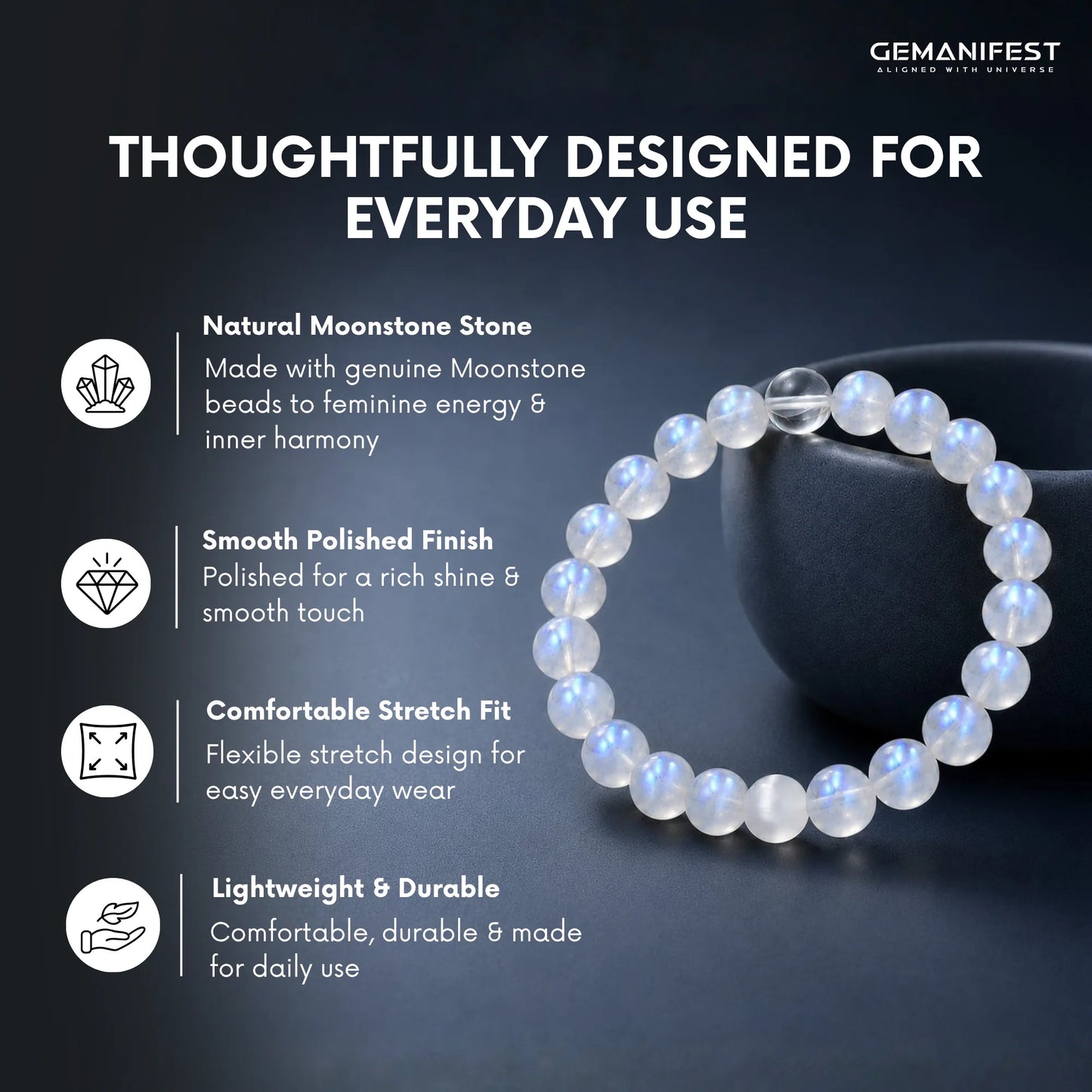 Moonstone bracelet with product features on a dark background