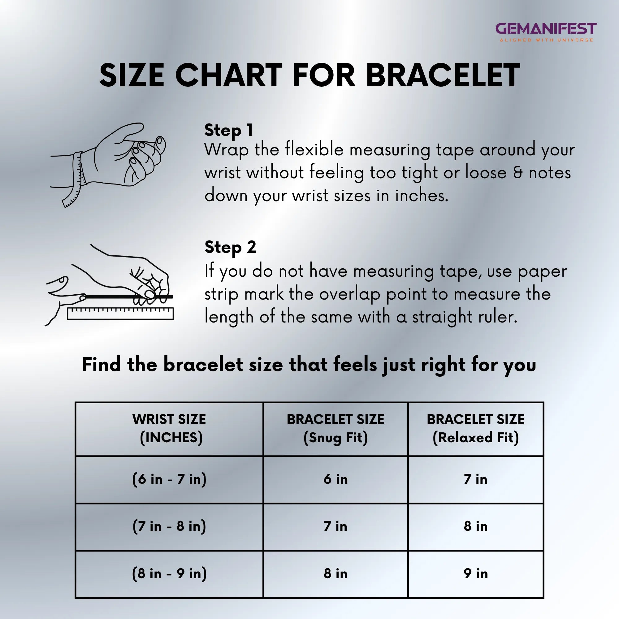 Size chart for bracelet with measurement instructions and GEMANIFEST branding.