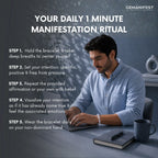 Man using a laptop with text about a daily manifestation ritual on a dark background