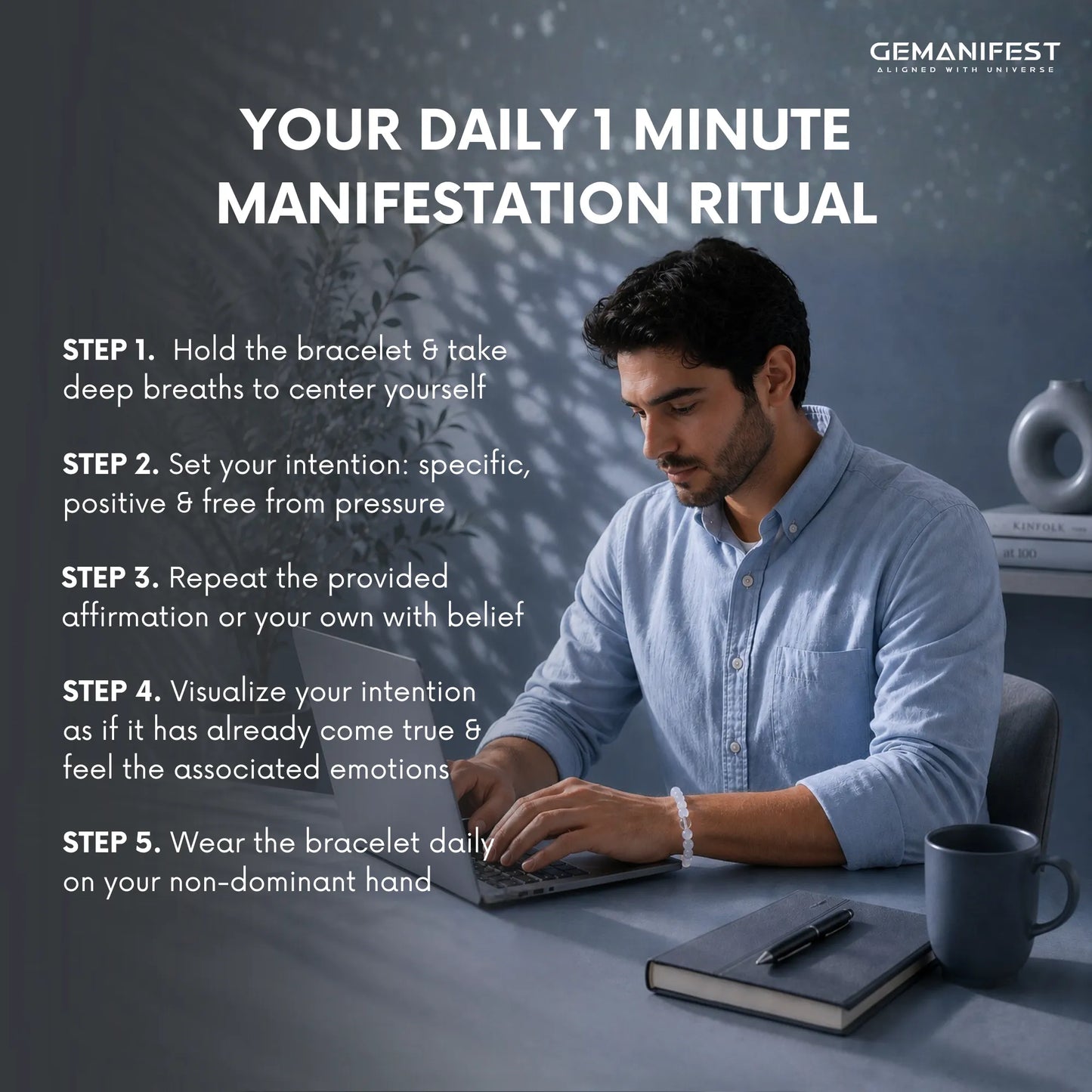 Man using a laptop with text about a daily manifestation ritual on a dark background