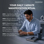 Man using a laptop with text about a daily manifestation ritual on a dark background