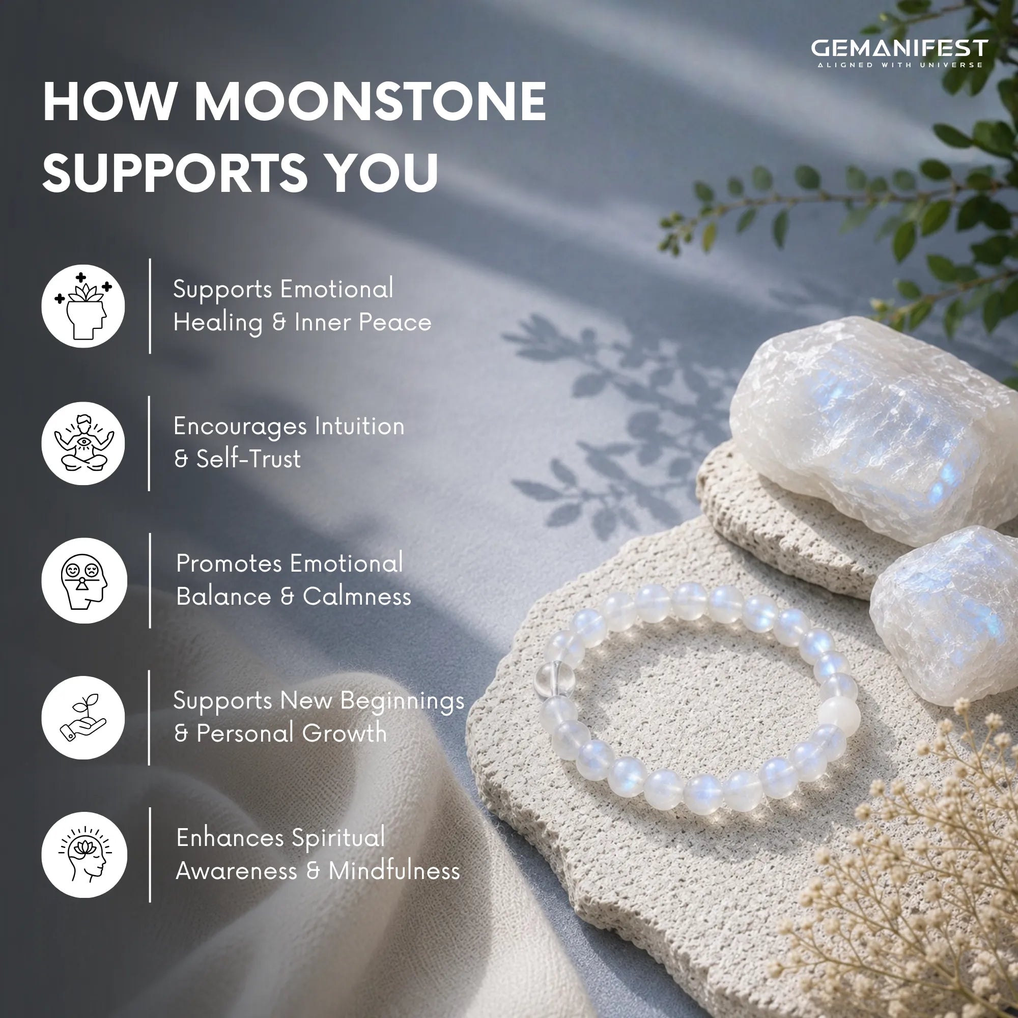 Moonstone bracelet and crystal on a stone surface with text about its benefits, branded 'GEMANIFEST'.