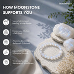 Moonstone bracelet and crystal on a stone surface with text about its benefits, branded 'GEMANIFEST'.