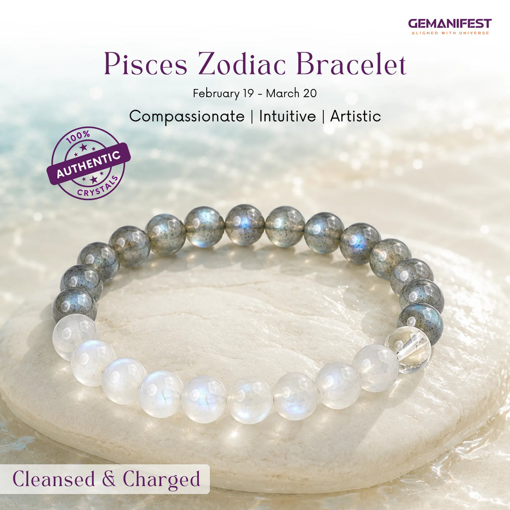 Pisces zodiac bracelet with moonstone and labradorite beads on a beige background