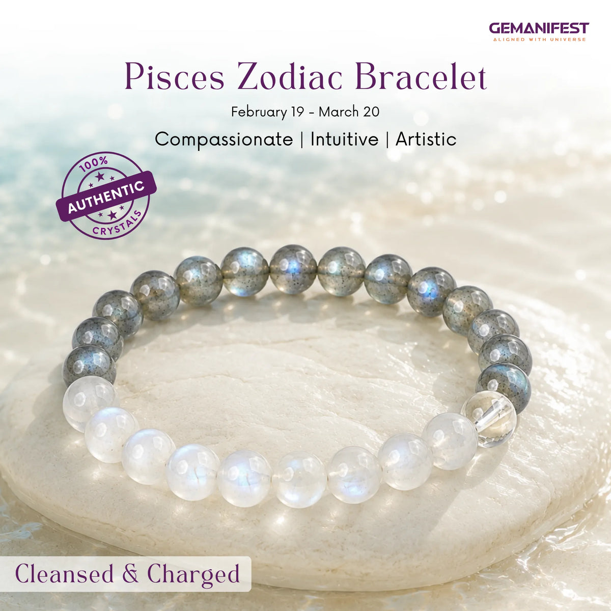 Pisces zodiac bracelet with moonstone and labradorite beads on a beige background