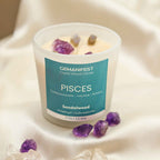 Pisces Zodiac Manifestation Candle with Amethyst and Labradorite crystals and Sandalwood essential oil for intuition and healing.