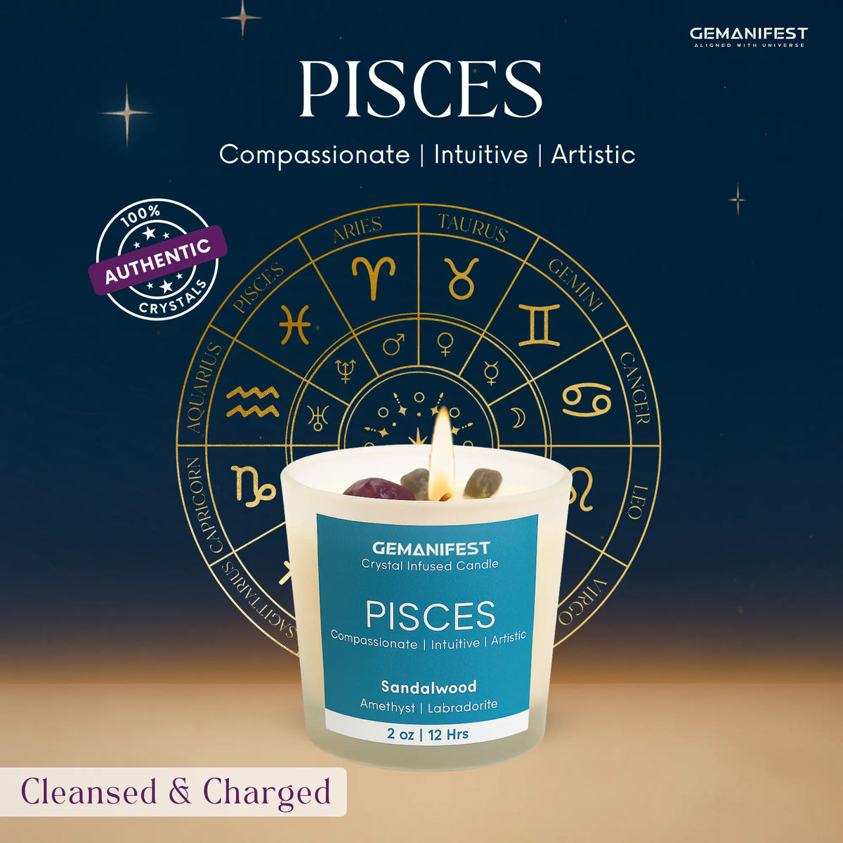 GEMANIFEST Pisces candle with zodiac symbols on a dark blue background