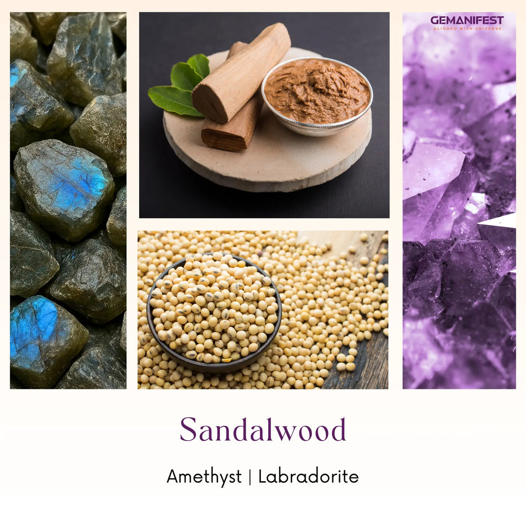 Collage of sandalwood, amethyst, and Labradorite with 'GEMANIFEST' branding.