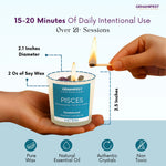 Gemanifest Pisces candle with dimensions and features on a light blue background