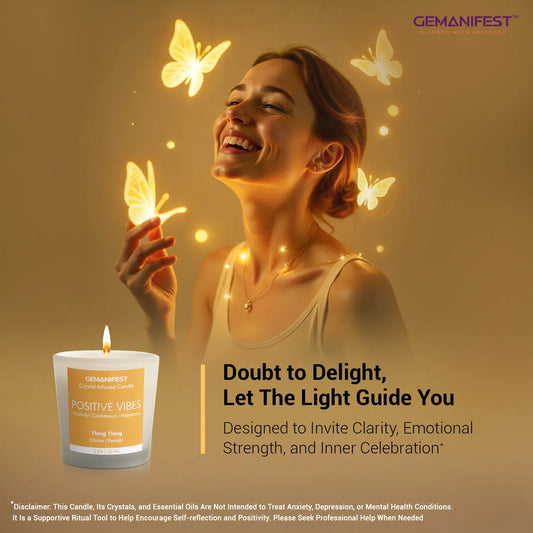 Positive Vibes crystal candle glowing with butterflies symbolizing joy and clarity.